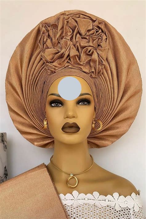 Autogele Gold Nigeria Gele Headtie Hat Aso Oke Fabric Gele Headwrap