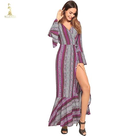 2018 Impressão Moda Floral Longo Maxi Vestidos de Praia Roupas Vestido