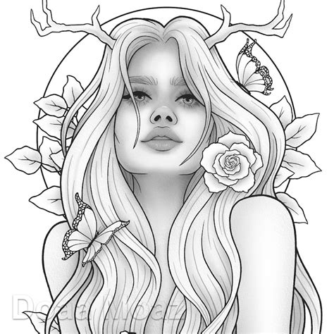 Printable Coloring Page Fantasy Character Girl Floral Etsy