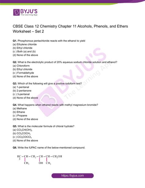 Class Chemistry Worksheet On Chapter Alcohols Phenols And