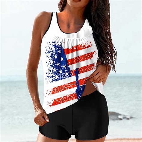 Tianek Swimsuit Women Tankini Modest 2 Piece American Flag Graphic 4th