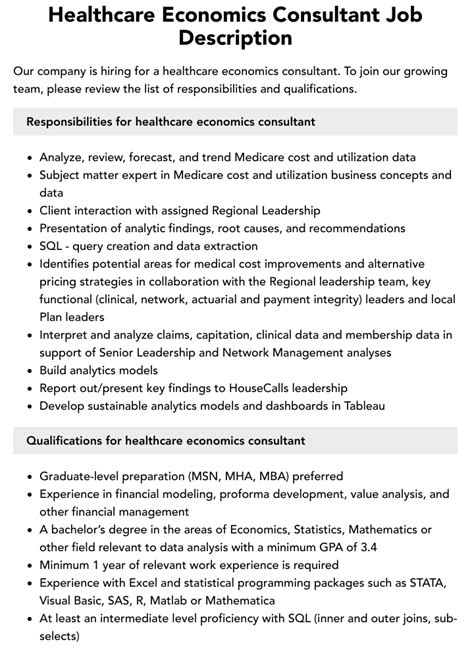 Healthcare Economics Consultant Job Description Velvet Jobs