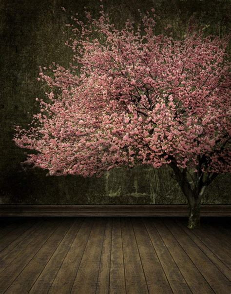 ABPHOTO Polyester 5x7ft Pink Flowers Tree Wooden Floor Photography