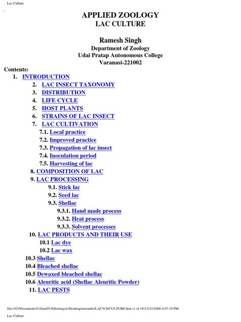 Applied Zoology: Lac Culture Ramesh Singh | PDF | Ethanol | Wax