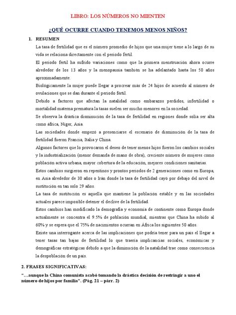 Resumen Libro Los NÚmeros No Mienten Pdf Fertilidad Mujer