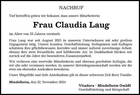 Traueranzeigen Von Claudia Laug Augsburger Allgemeine Zeitung