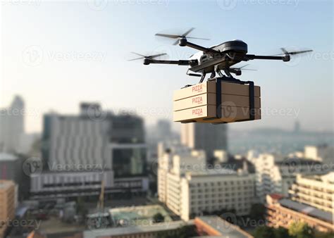 Delivery drone with pizza box, Business air transportation 6972470