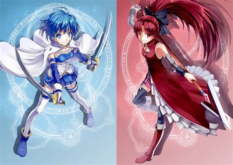 Sayaka Vs Kyouko Red Pretty Dress Redhead Bonito Sweet Magical