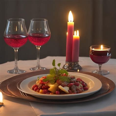 Una Mesa Con Dos Copas De Vino Y Un Plato De Comida Con Una Vela Roja