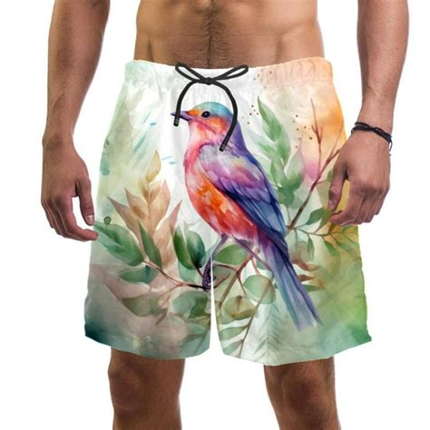 Mens Watercolor Bird Swim Trunks Quick Dry Board Shorts Bathing Suits