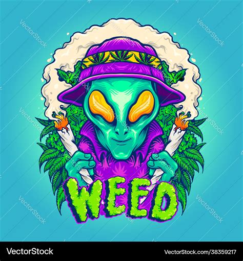 Alien Smoking Summer Cannabis Plants Royalty Free Vector