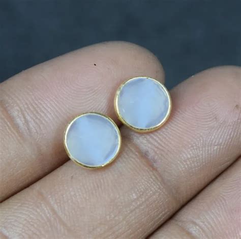 Solid Sterling Silver Ct Gold Overlay Cut Blue Chalcedony Stud