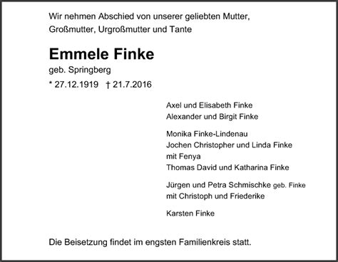 Traueranzeigen Von Emmele Finke Trauer In NRW De