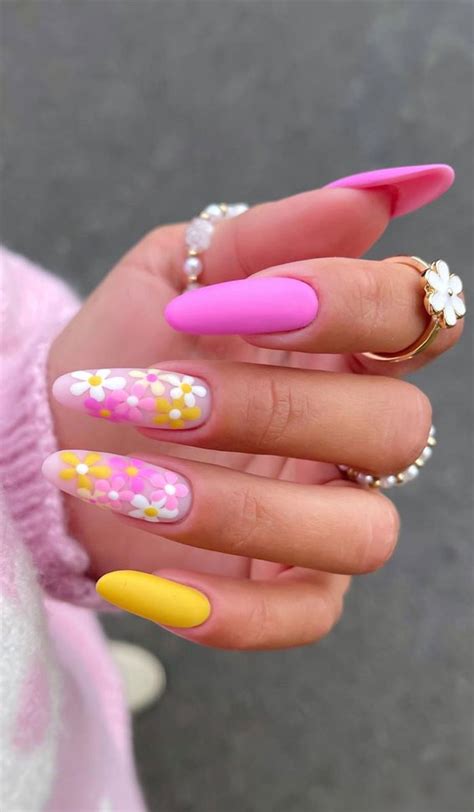 52 Cute Floral Nail Art Designs Pink Yellow Flower Almond Nails