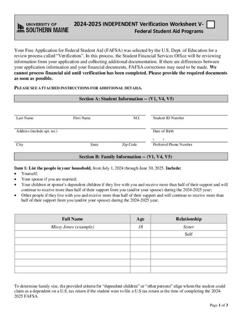 Fillable Online Usm Maine Independent Verification Worksheet