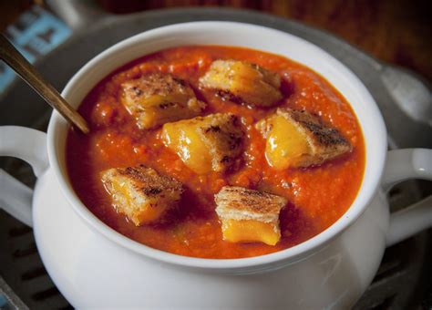 Roasted Creamy Tomato Soup With Grilled Cheese Croutons Recipe Fox