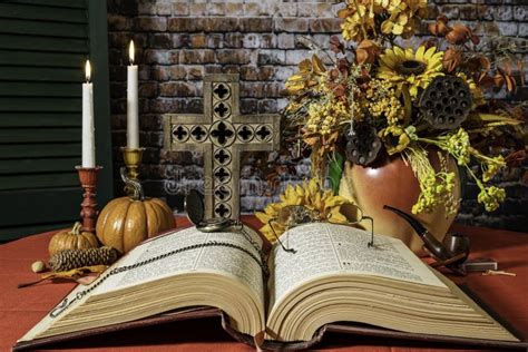 Bible And Cross On Red With Fall Flowers Stock Photo Image Of Light