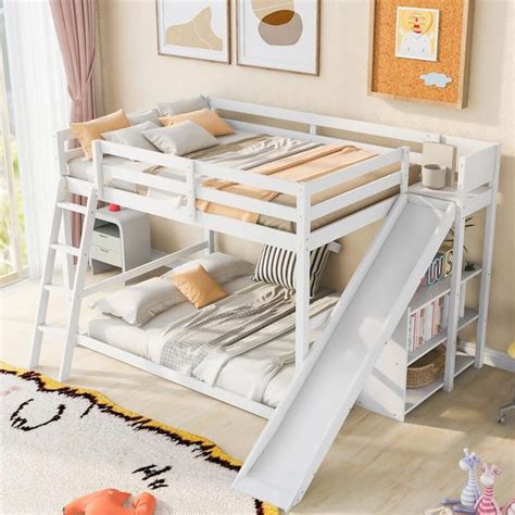 Harper Bright Designs White Full Over Full Wooden Bunk Bed With Slide