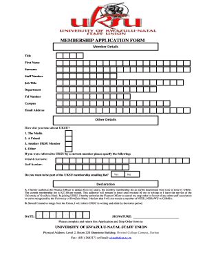 Fillable Online Uksu Ukzn Ac MEMBERSHIP APPLICATION FORM Member Details