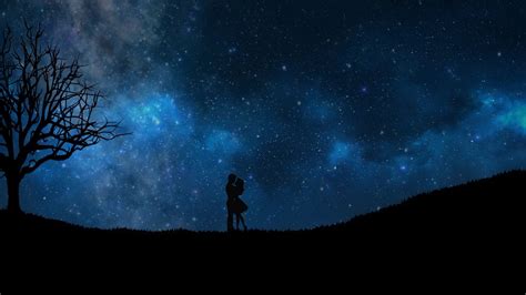 Wallpaper Silhouette Of 2 Person Standing On Hill Under Starry Night