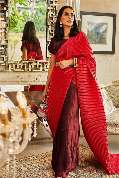 Buy Red Pleated Polyester Embroidery Round Saree Gown With Blouse For