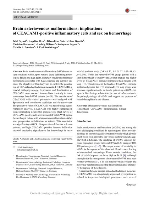 Brain Arteriovenous Malformations Implications Of Ceacam1 Positive Inflammatory Cells And Sex