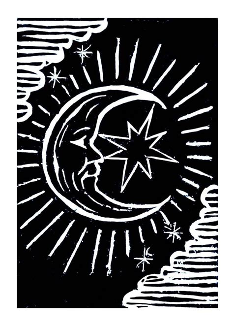 Sun And Moon Art Prints Linocut Artwork Celestial T Black White Wall Art Linoprint Moon