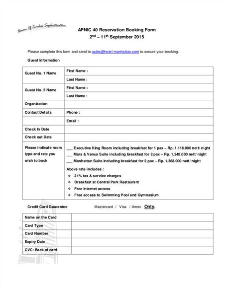 Free Reservation Forms In Pdf Excel Ms Word Off