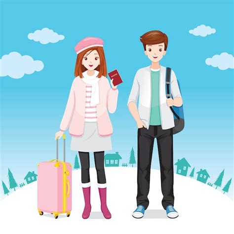 Premium Vector Male And Female Traveller Standing With Luggages Together