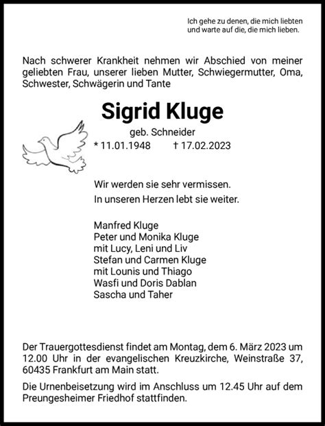 Traueranzeigen Von Sigrid Kluge Trauer Rheinmain De