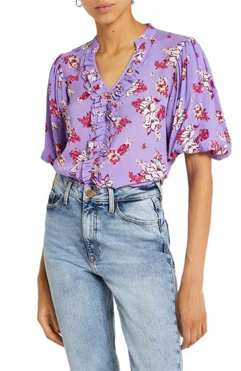 Buy River Island Floral Ruffle Puff Sleeve Blouse Purple Light At