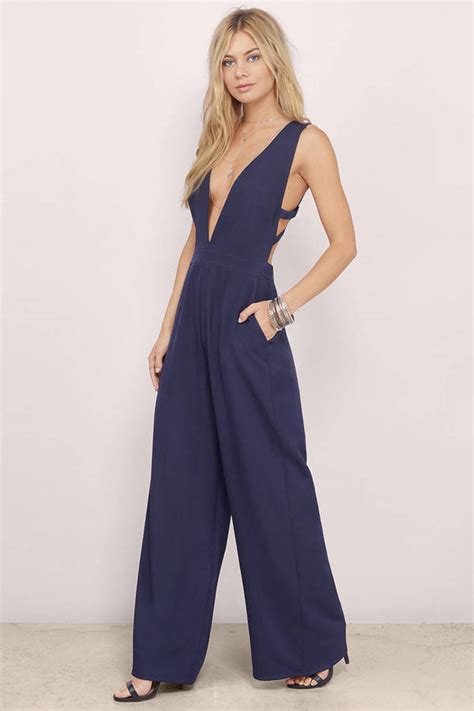 Navy Blue Jumpsuit Plunging Jumpsuit Wide Leg Jumpsuit Cut Out