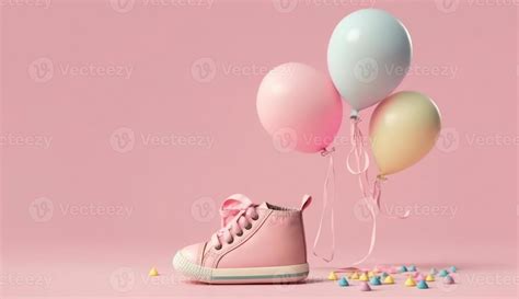 Pink baby shoes with colorful balloon on pink background with space for tex. minimal hollyday ...