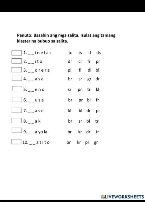 Panuto Basahin Ang Mga Salita Isulat Ang Tamang Klaster Na Bubuo Sa