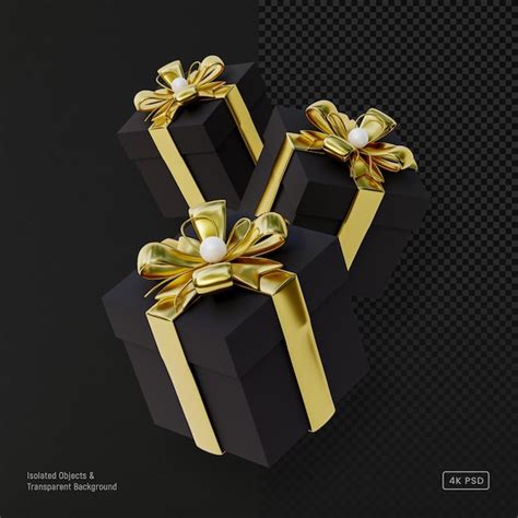 Premium Psd D Black Gift Boxes With Golden Bow And Ribbon Isolated