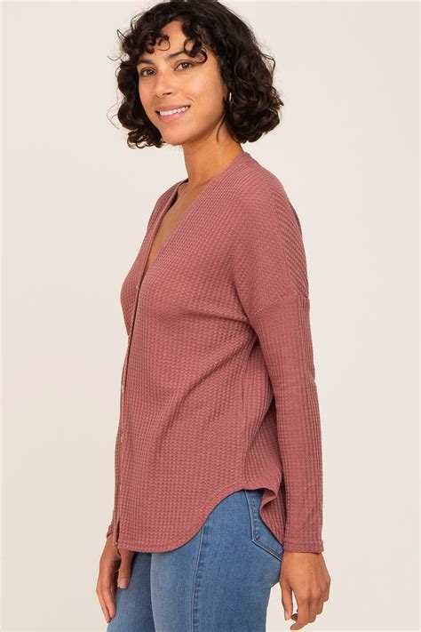 Mauve Waffle Knit Button Down Top Pinkblush