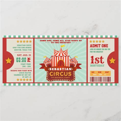 Editable Colour Circus Ticket First Birthday Invitation Size 4 X 9 25