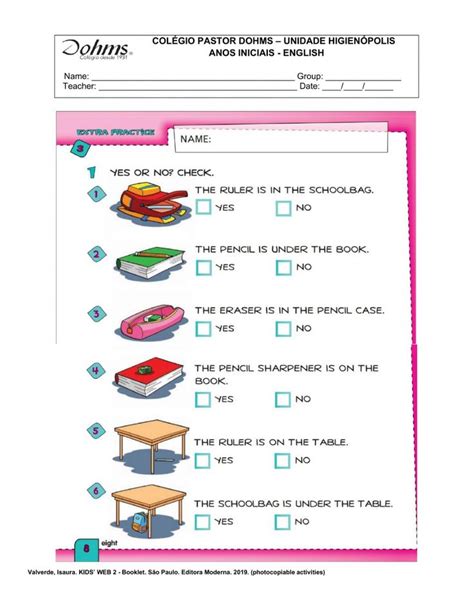 Prepositions And School Objects Worksheet