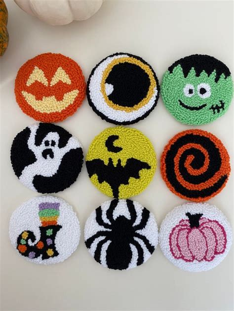 Halloween Car Coaster Set of 2, Punch Needle Handmade Halloween Themed ...