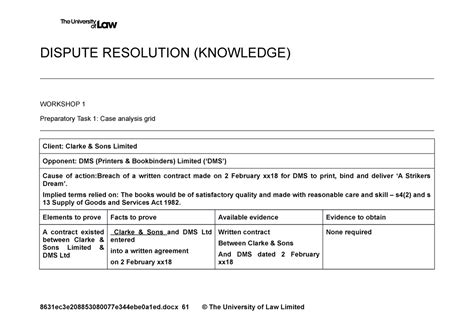 Dispute Resolution Workshop 1 Prep Task Dispute Resolution Knowledge