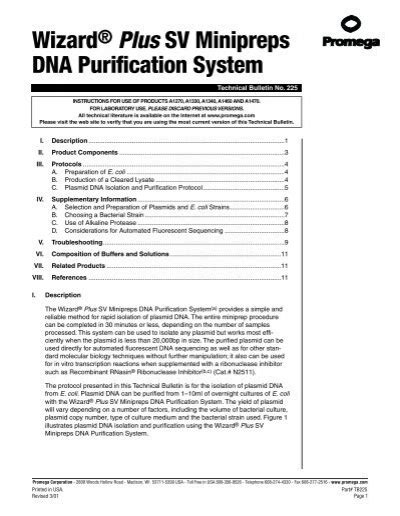 WizardÂ® Plus Sv Minipreps Dna Purification System Technical