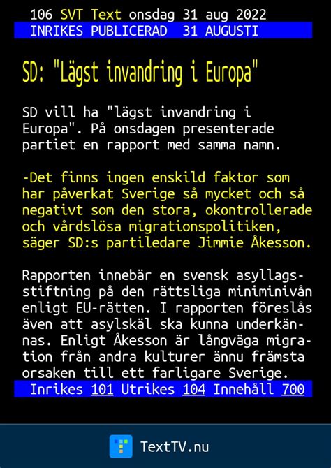 SD Lägst invandring i Europa SVT Text TV