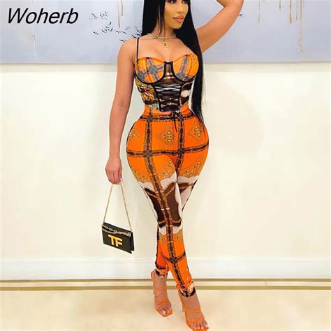 Woherb Women Set Print Strap Bandage Crop Tops Pencil Pants Two 2 Piece Sets Sexy Fashion