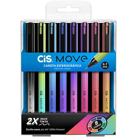 Kit Caneta Esferográfica Move 0 7mm 8 Cores Cis Nova Papelaria