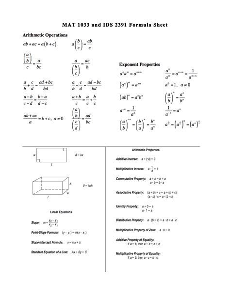 Mat 1033 And Ids 2391 Formula Sheet Download Printable Pdf Templateroller