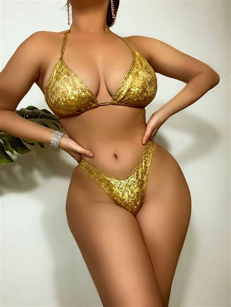 Gold Bikini Set Swimwear Swimsuit Shiny High Waist Halter Bikinis Set