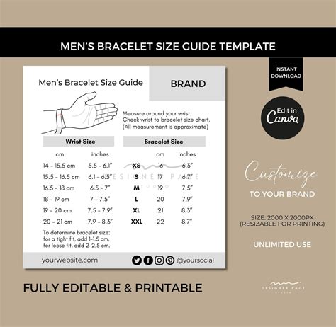 Mens Bracelet Size Chart Template Editable, Printable Accessory Jewelry ...