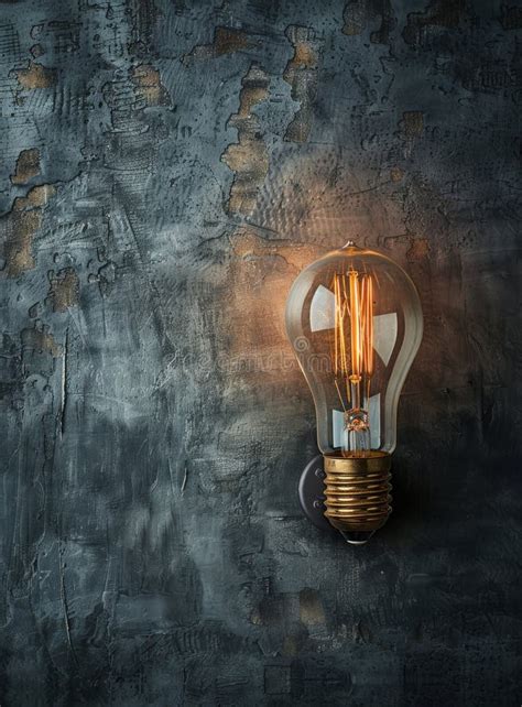 A Single Lit Incandescent Light Bulb Against a Grey Textured Wall Stock Photo - Image of ...