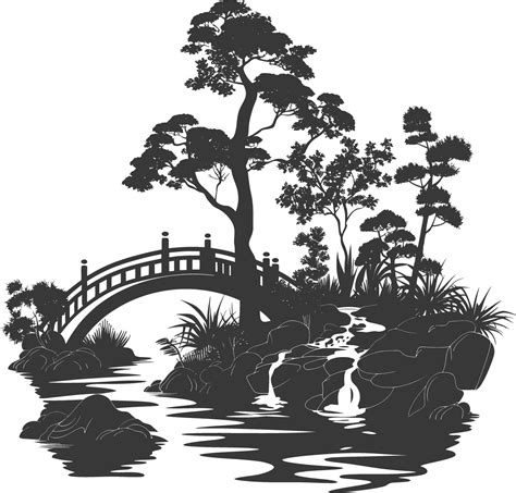 silhouette traditional japanese garden with bridge black color only ...