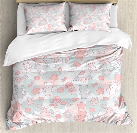 Doodle Queen Size Duvet Cover Set Cartoon Styled Cute Cats Bats And